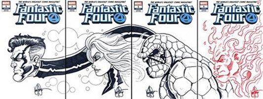 DF Fantastic Four #1 Four Piece Blank Variant Set Signed And Remarked By Ken Haeser With Connecting Team Sketches